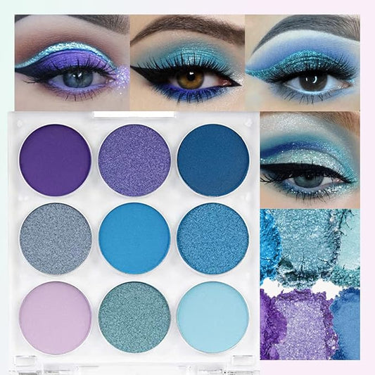 9 Colors Shimmer Matte Blue Eyeshadow Palette.Highly Pigmented Light Blue Eyeshadow Dark Blue Eye shadow Paleta.Blendability Shiny Matte Blue Makeup Powder Palet.paleta de sombras de ojos azul-Velvo Beauty