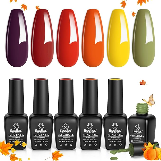 Beetles Fall Gel Polish Set, Burgundy Red Green Orange 6 Colors Gel Nail Polish Colors Sunset Leaves Soak Off Nail Art Lamp UV LED Cured Manicure Nail at Home Gifts for Women-Velvo Beauty