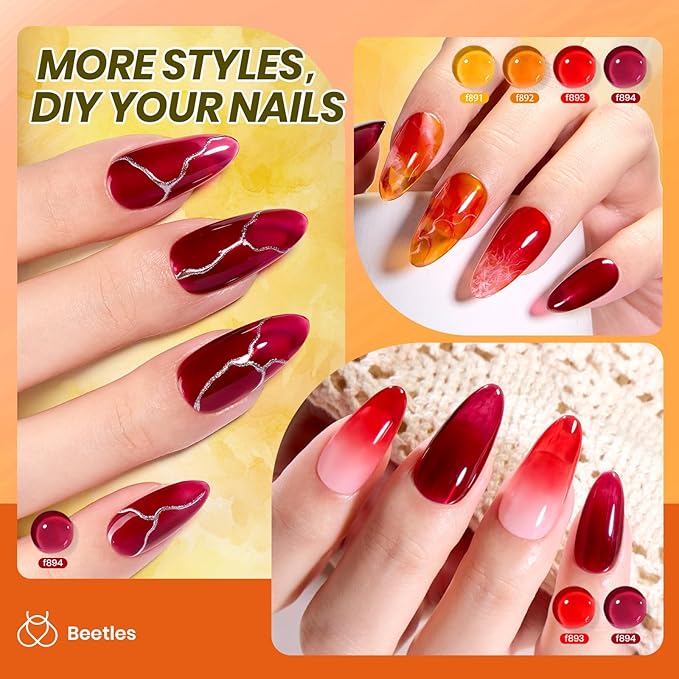 Beetles Jelly Gel Nail Polish Set - 6 Colors Yellow Orange Burgundy Red Purple Green Fall Gel Polish Kit Sheer Translucent Effect Soak off UV Nail Art Autumn Prism Series Manicure Gift for Women-Velvo Beauty