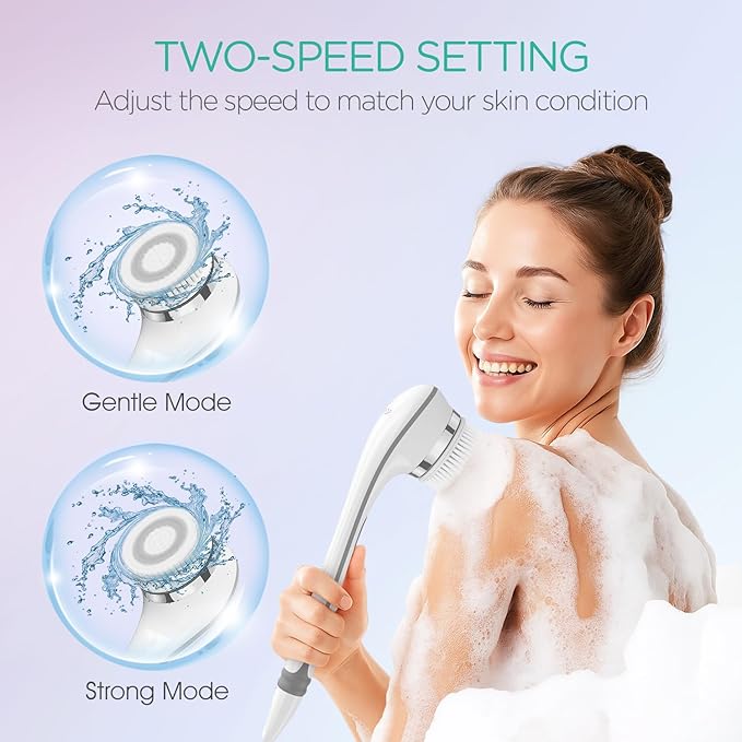 VOYOR Electric Body Brush Back Scrubber for Shower Rechargeable Exfoliating Bath Brush Powered Shower Brush with Non-Slip Long Handle Deep Cleansing, Exfoliation, Massaging Spin Brush BC100 (Gery)-Velvo Beauty