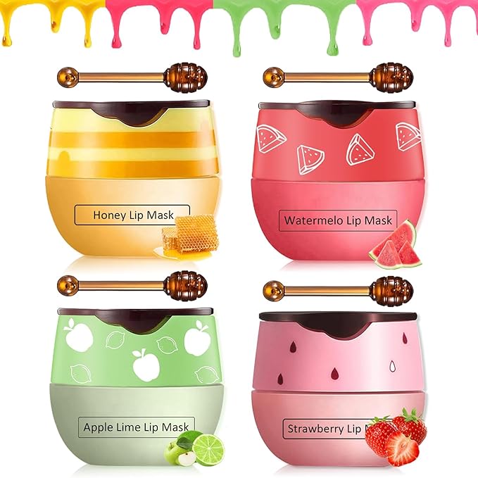 4PCS Bee Lip Balm Honey Pot, Honey & Strawberry & Watermelon&Apple Lime Lip Mask, Lip Balm for Dry Cracked Lips, Lip Scrubs Exfoliator & Moisturizer, Hydrating Lip Balm Honey Lip Balm-Velvo Beauty