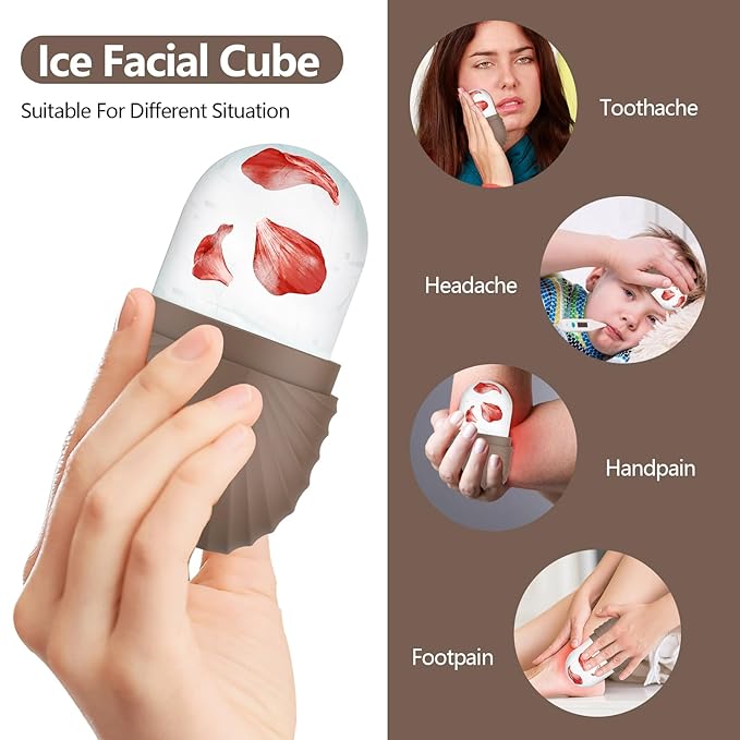 Ice Roller for Face and Eye, Silicone Ice Facial Roller Ice Holder, Face Ice Mold Skin Care, Face Icers Reusable Ice Cube Roller for Shrink Pores Anti Wrinkle Reduce Puffiness, Brown-Velvo Beauty