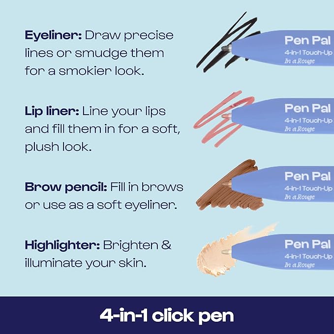 Alleyoop Pen Pal 4-in-1 Makeup Pen - Comes with Eyeliner, Highlighter, Lip Liner, and Eyebrow Pencil - Touch Up On the Go - Cruelty-Free, Vegan (In A Rouge (Light))-Velvo Beauty
