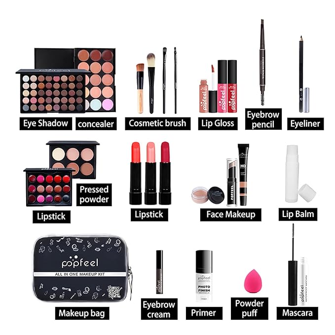 All in One Makeup Kit For Beginners Full Kit, Full Makeup Kit For Teen Girls, Makeup Gift Set, Include Eyeshadows, Concealer, Cosmetic brush, Lip Gloss, Lipstick, Powder puff, Mascara -005-Velvo Beauty
