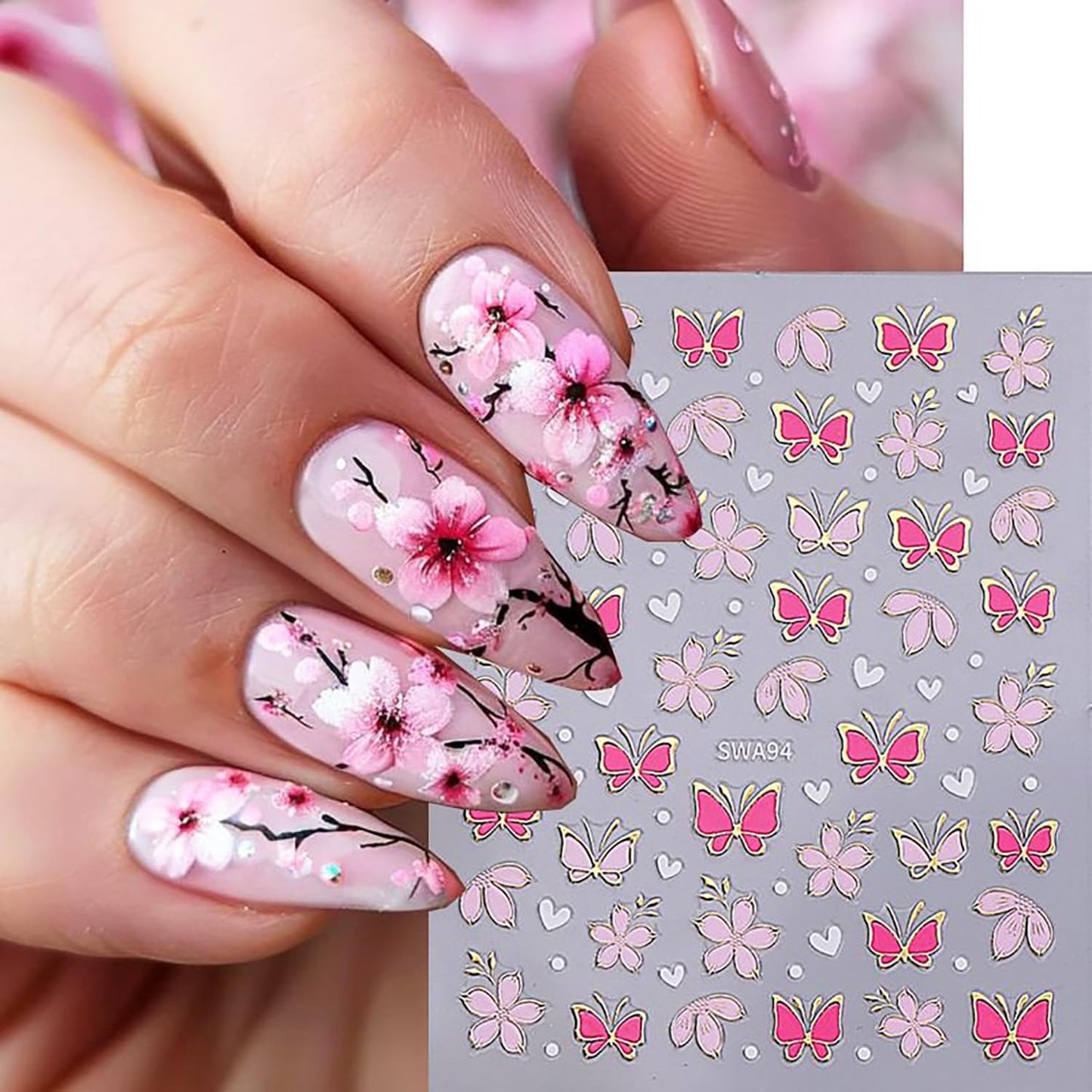 8 Sheets Flower Nail Art Sticker 3D Self-Adhesive Nails Stickers Floral Butterfly Nail Art Decals Holographic Blossom Decal for Women Hot Stamping French Manicure Stickers DIY Nail Supplies-Velvo Beauty