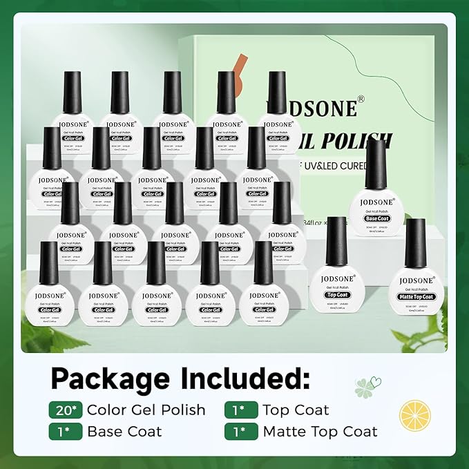 JODSONE Gel Nail Polish 20 Color Blue Red Matching Base Coat Glossy and Matte Top Coat 23 Bottles of 10ml Professional Nail Care Use-Velvo Beauty