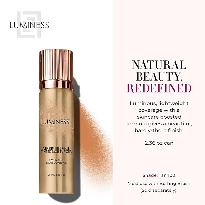 LUMINESS Airbrush Veil Tinted Moisturizer, Tan 100 - Lightweight, Hydrating, & Skin-Plumping Face Moisturizer Spray - Facial Skin Tint with Hyaluronic Acid Ceramides, Glycerin, Aloe & Hydrolyzed Silk-Velvo Beauty