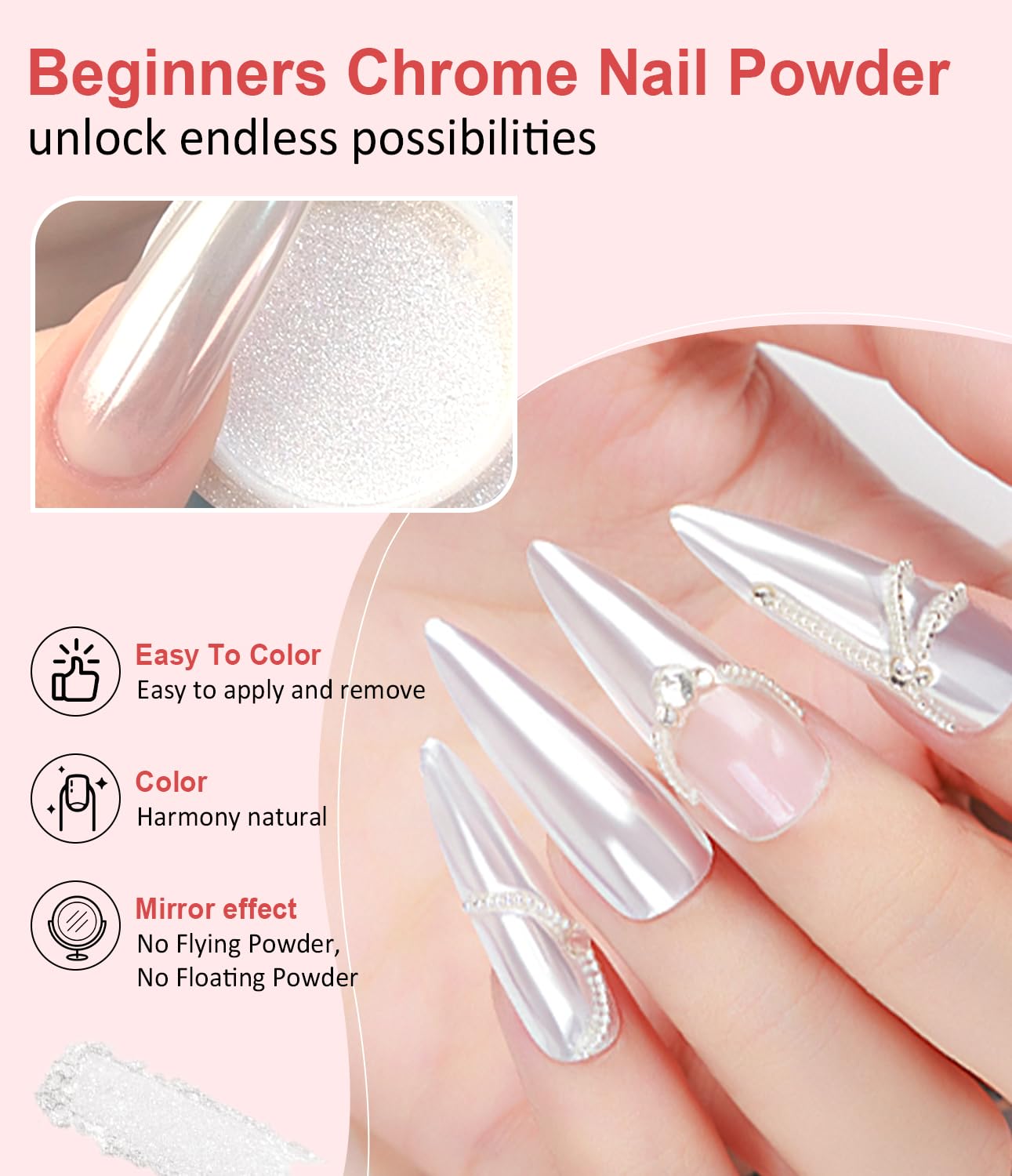 Pearl Chrome Nail Powder BISHENGYF -【Fairy Effect】 Pink Chrome Nail Powder White Pearlesent Aurora Mermaid Iridescent Nail Chrome Powder, Metallic Mirror Glitter Pigment Dust for Nail Art DIY 2PCS-Velvo Beauty