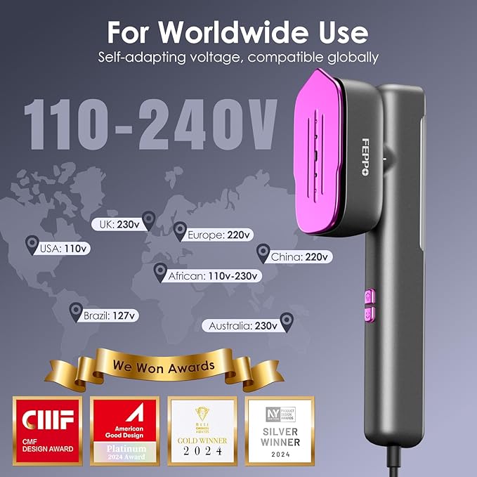 FEPPO Travel Steamer for Clothes, 110-240V Dual Voltage Portable Mini Steamer & Iron 2in1, 1100W Powerful Garment Steamer, Fast Heat Up, Travel Size, HD Display, for Home & Global & Europe Travel-Velvo Beauty
