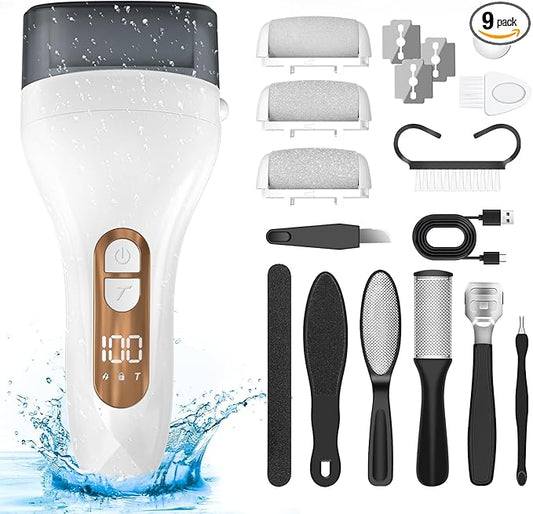 Electric Callus Remover for Feet - with Larger Grinding Head, Portable Pedicure Kit Foot File Callus Remover, Rechargeable Waterproof Foot File for Foot Care Deadskin Remover LCD Display-White-Velvo Beauty