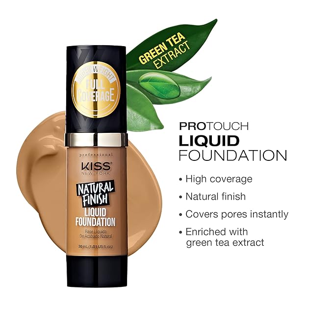 Kiss New York Professional Liquid Foundation - Lightweight and Hydrating Formula, Natural Finish, Control Shine, Cover Pores, Medium to Full Coverage, Green Tea Extract (Soft Tan)-Velvo Beauty