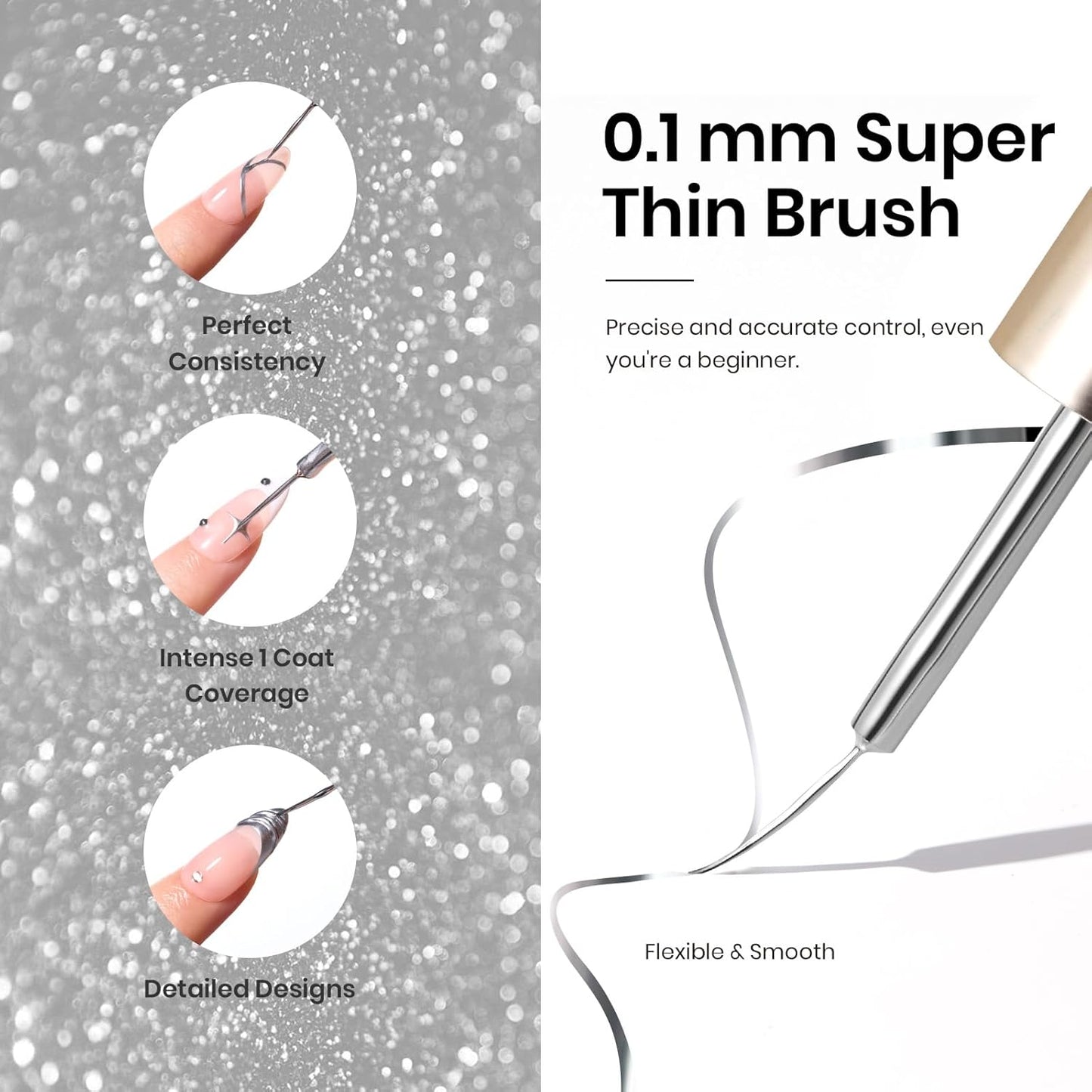 Beetles Metallic Silver Liner Gel Nail Art 7ml French Tip Gel Nail Polish 3D Mirror Chrome Effect Metal Painted Pens for Thin French Swirl Line Nail Art Polish Soak off Uv Lamp Manicure Salon-Velvo Beauty