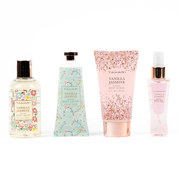 Tahari Spa Gift Set for Women, Vanilla Jasmine Spa Set, Bath Kit for Women Gift Set Includes Body Lotion, Body Wash, Body Scrub, Lotion Gift Set for Women, Birthday Gifts For Women - (Floral)-Velvo Beauty