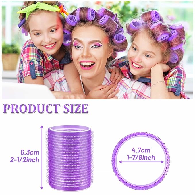 Acejoz Hair Rollers, 12Pcs Large Self-Grip Hair Curlers with 12Pcs Stainless Steel Duckbill Clips, for Long Medium Thick Hair Volume (Purple)-Velvo Beauty