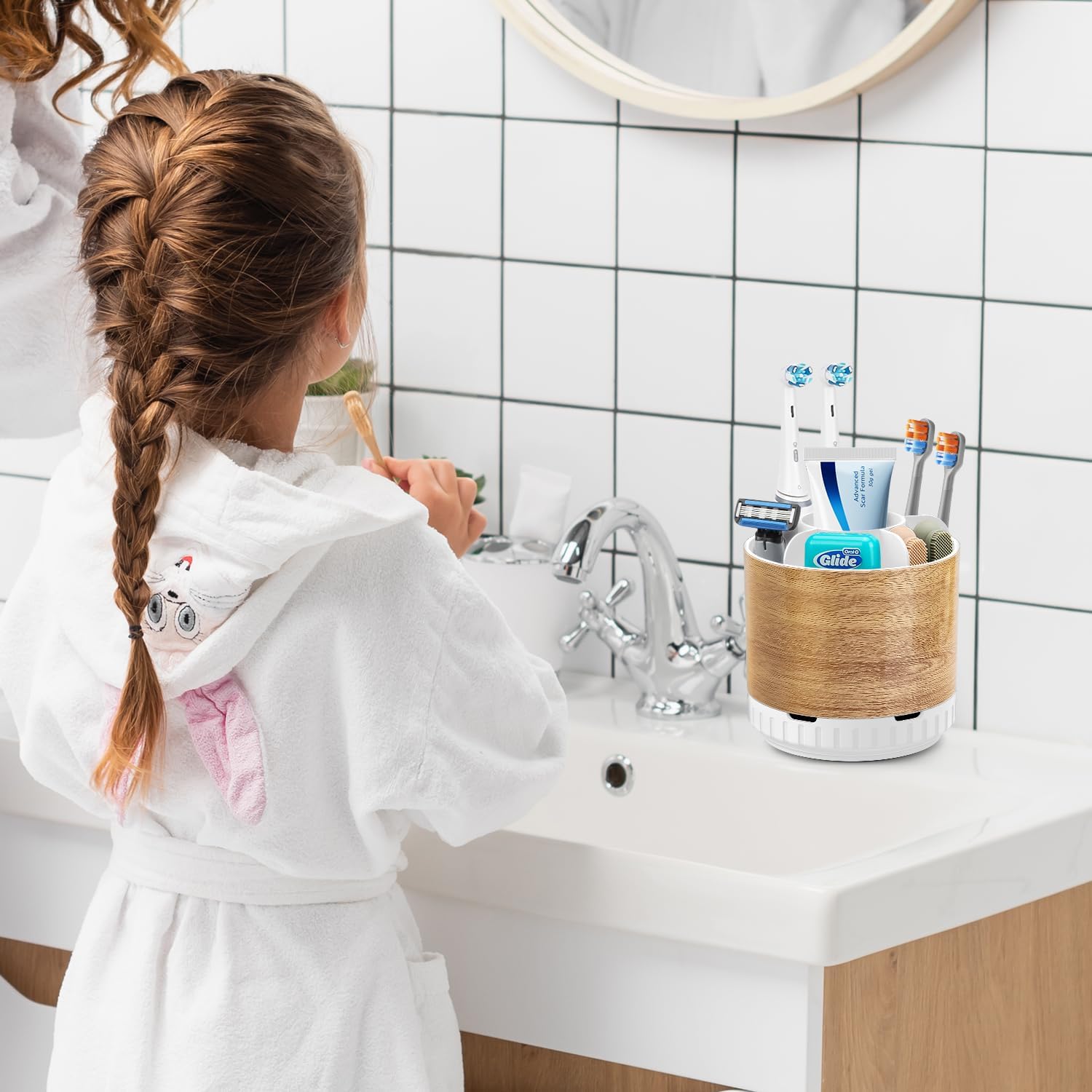 Wood Toothbrush Holders Organizers - Rotating Detachable 6 Slots Electric Toothbrush and Toothpaste Holde for Bathroom Accessories Organization Counter Vanity Sink Storage-Velvo Beauty