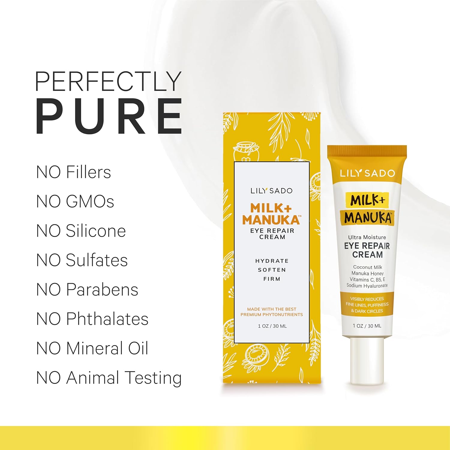 LILY SADO MILK+MANUKA™ Eye Repair Cream - Anti-Aging Natural Gentle Formula w/Coconut Milk, Manuka Honey, Sodium Hyaluronate & VITS C, B5 & E - Prevents Puffiness, Under-eye Wrinkles & Eye Bags - 1oz-Velvo Beauty