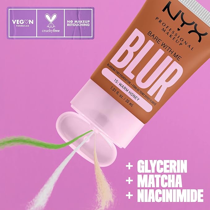 NYX PROFESSIONAL MAKEUP Bare With Me Blur Skin Tint Foundation Make Up with Matcha, Glycerin & Niacinamide - Warm Honey-Velvo Beauty