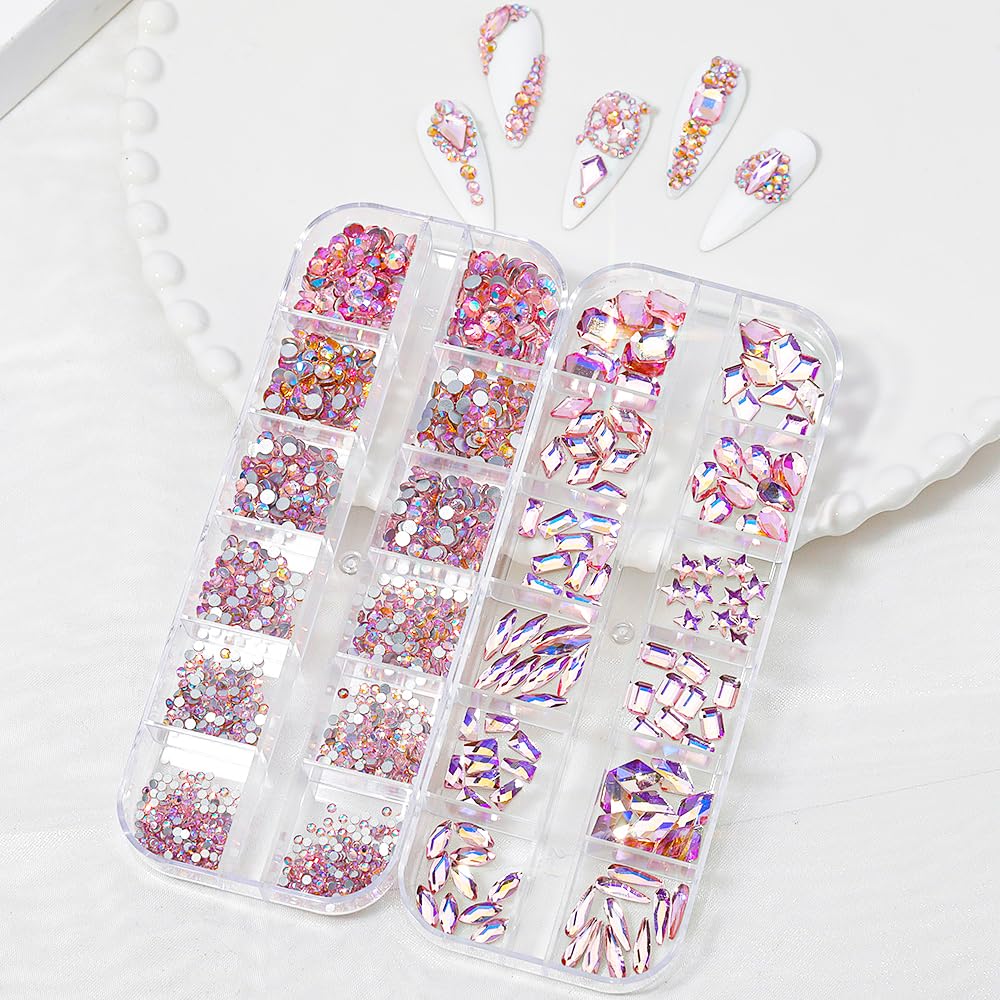 HNUIX Nail Rhinestones - 1600pcs 3D Multi Shape Size Crystal, Pink AB Nail Gems, Flat Back, with Kit, for Nail Art, DIY Decorations-Velvo Beauty