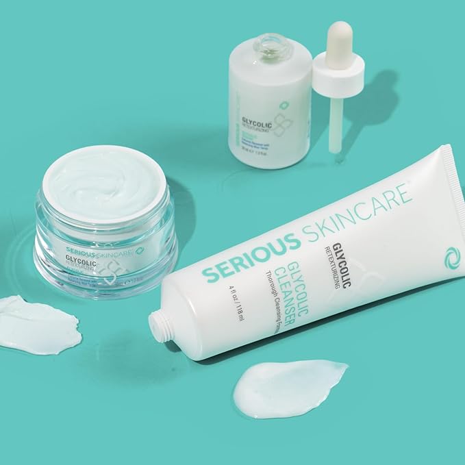 Serious Skincare Glycolic Skin Renewal Set - Retexturizing Serum - Facial Moisture Cream - Face Wash Cleanser - Balancing Blue Tansy Extract - Improve Appearance of Lines, Wrinkles and Enlarged Pores-Velvo Beauty