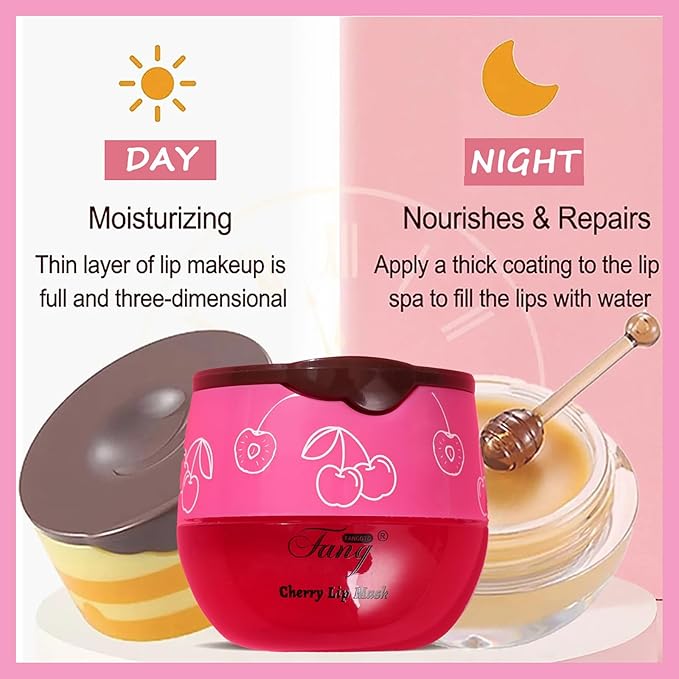 1 PCS Bee Lip Balm Lip Mask Honey Pot, Cherry Moisturizing Sleeping Lip Mask Overnight with Sticks, Lip Balm Honey Pot Lip Balm Hydrating Prevention Dry and Crack Lip Scrubs Exfoliator-Velvo Beauty