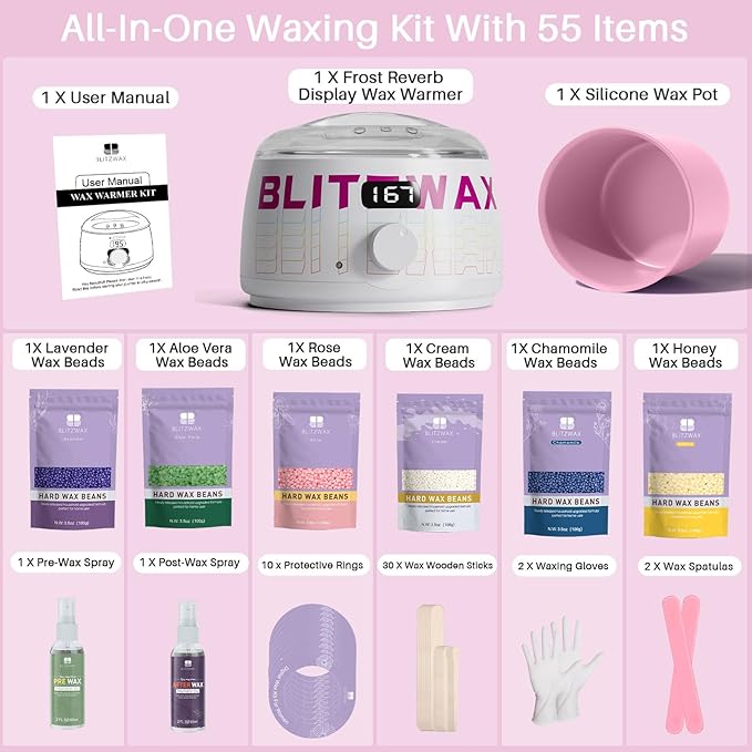 BLITZWAX Brazilian and Bikini Waxing Kit for Women, Hard Wax Warmer for Face, Legs, and Body, At Home Hair Removal Kit, Beginner Friendly, Quick Heating, Frost Reverb Digital Wax Pot-Velvo Beauty