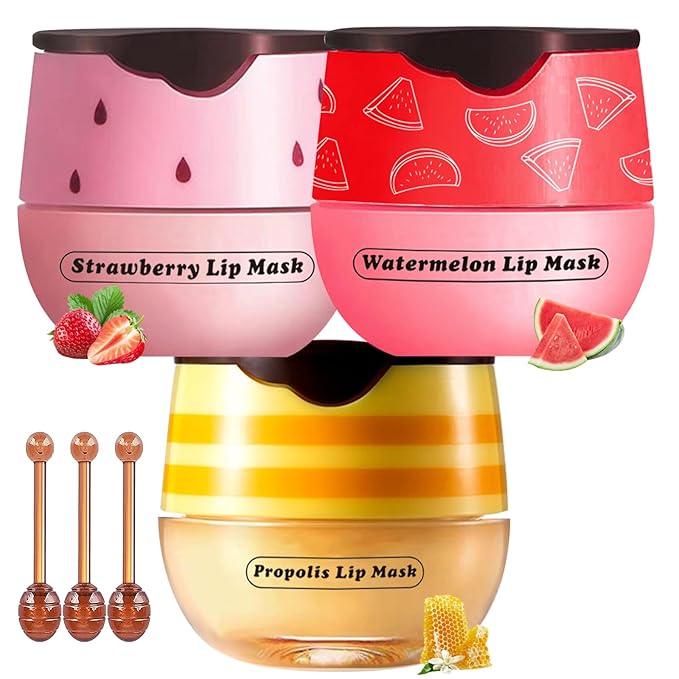 Honey Lip Balm Pot, 3 Pcs Honey & Strawberry & Watermelon Lip Mask Propolis Lip Mask Moisturizing Hydrating Prevention Dry and Cracked Lip Scrubs Exfoliator-Velvo Beauty