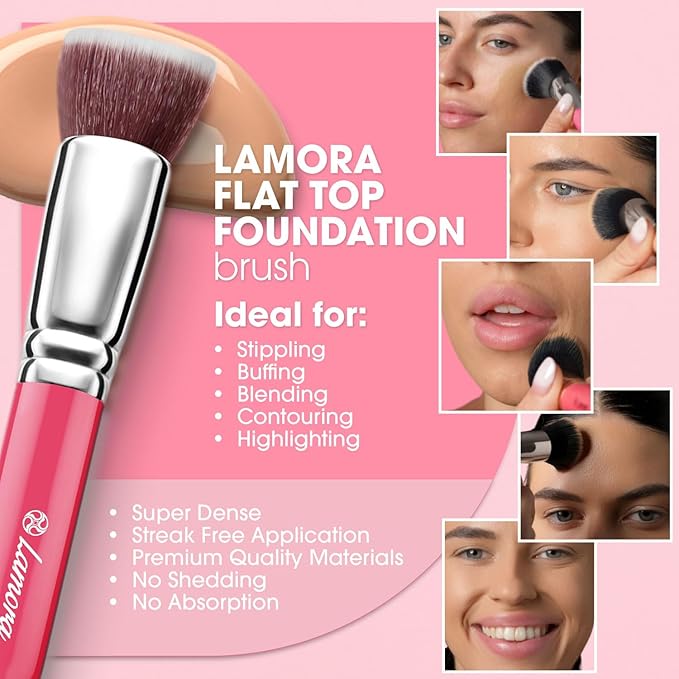 LAMORA Foundation Brush for Liquid Makeup - Kabuki Face Brush for Cream, Powder, Blush, and Concealer - Flat Top Blending, Buffing, Stippling Brush-Velvo Beauty