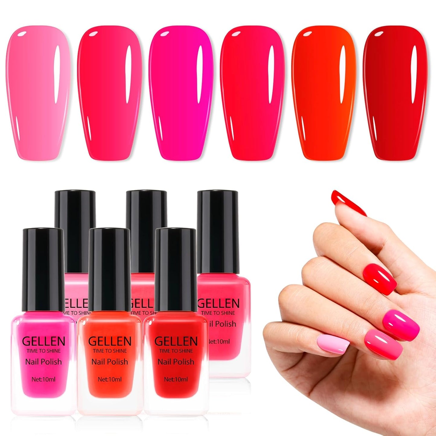 GELLEN Red Pink Nail Polish, Quick Air Dry Natural Traditional Regular Nail Polish Bright Red Hot Pink Set for Acrylic Natural Nails Home Salon, Non UV Gel, Chip Resistant, Hema Free, Non-toxic, 10ml-Velvo Beauty