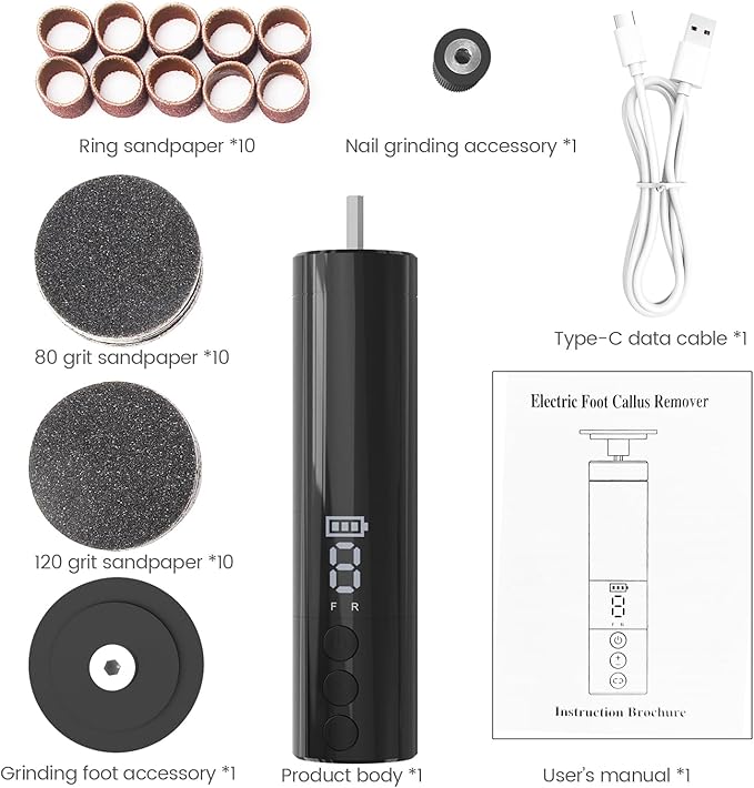Electric Callus Remover for Feet, Rechargeable Professional Electronic Foot File Nail Grinder,9 Adjustable Speed Foot Sander Scrubber Pedicure Tool for Dry Dead Skin with Sandpaper Discs (Black)-Velvo Beauty