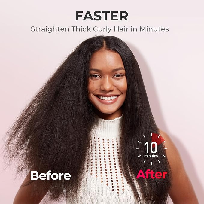 TYMO Hair Straightener Brush - Upgraded Ionic Plus Straightening Brush with Dense Bristles, 16 Temps, Dual Voltage | Ceramic Hot Comb for Women | Flat Iron for Thick Curly Hair, Pink-Velvo Beauty