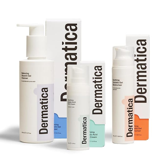Dermatica Blemish Control Kit, Balancing Glycerin Gel Cleanser (200ml), Clarifying Azelaic Acid 15% Cream (30ml), Soothing Centella Gel Moisturiser (50ml)-Velvo Beauty