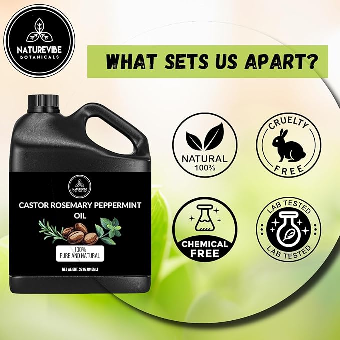 Naturevibe Botanicals Castor with Rosemary and Peppermint Oil 32 Ounces | 100% Pure and Natural | Great for Skin Care and Hair Care-Velvo Beauty