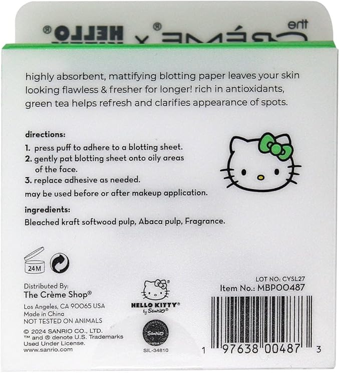 The Crème Shop x Hello Kitty Matcha Blotting Papers + Reusable Compact Mirror - Hello Kitty Collaboration for Oil Control and On-the-Go Touch-ups (Matcha Color Ribbon)-Velvo Beauty