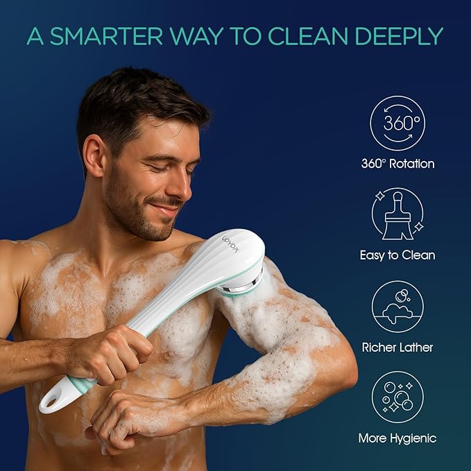 VOYOR Electric Silicone Body Scrubber, Back Scrubber for Shower, Waterproof Long Handle Body Brush, Rechargeable Power Bath Brush for Cleansing, Exfoliating, Massaging Skin BC100 (Blue)-Velvo Beauty