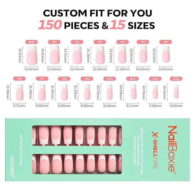 modelones French Tip Press on Nails, 150Pcs Long Square Fake Nails with Nail Box, Pink & White Gel Nail Tips for Women, Soft Glue-On Nails for Natural Salon Look, DIY Nail Art Kit (15 Sizes)-Velvo Beauty