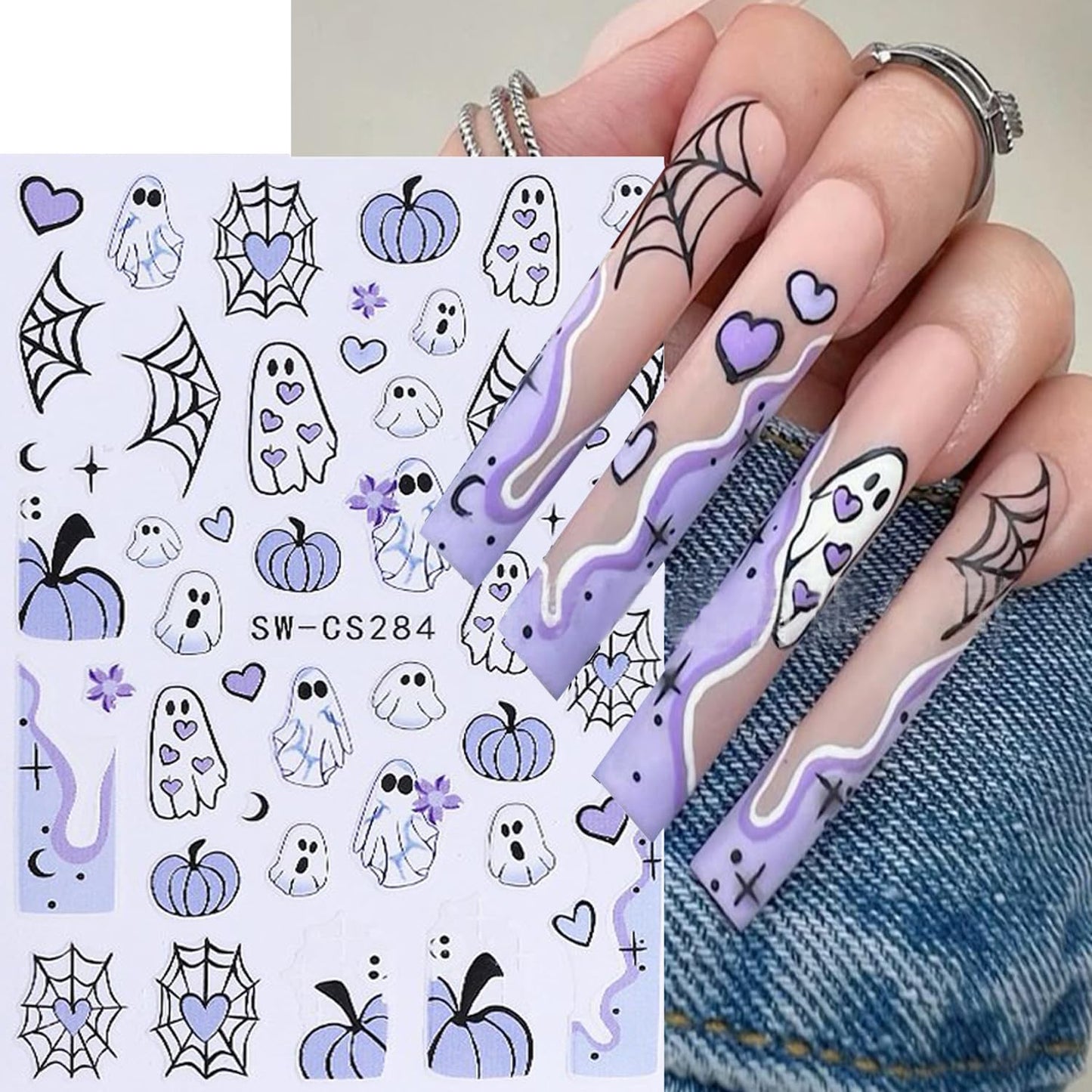 6 Sheets Halloween Nail Art Stickers 3D Self -Adhesive Cute Ghost Pumpkin Nail Decals Holographic Heart Spider Web Skeleton Flame Nail Stickers Halloween Nail Decoration for Women Manicure Supplies-Velvo Beauty