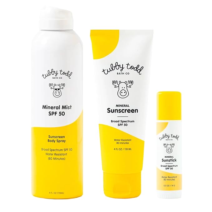 Tubby Todd Face and Body Mineral Protection Sunscreen Kit for Baby, Toddler and Kids - The Sun Bundle - Sunscreen Lotion 4 Fl Oz, Sunscreen Spray 6 Fl Oz and Sunstick 0.5 Oz - Fragrance-Free-Velvo Beauty