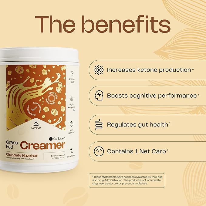 LevelUp Creamer, with Energizing MCT Oil and Collagen Peptides, Keto Coffee Creamer, Supports Natural Energy & Ketone Production - Chocolate Hazelnut, 22 oz-Velvo Beauty
