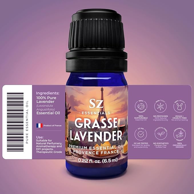 Grasse Lavender Essential Oil - France - Beautiful Floral Lavender Scent with Pine Notes - Lavandula stoechas - 100% Pure & Undiluted - Aromatherapy- Therapeutic Grade & Vegan 0.22 oz-Velvo Beauty