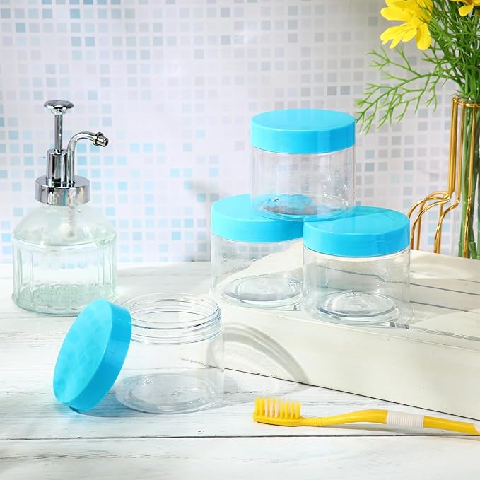 SATINIOR 24 Pieces Empty Clear Plastic Jars with Lids Round Storage Containers Wide Mouth for Beauty Product Cosmetic Cream Lotion Liquid Butter Craft and Food(Blue Lid,2 oz)-Velvo Beauty