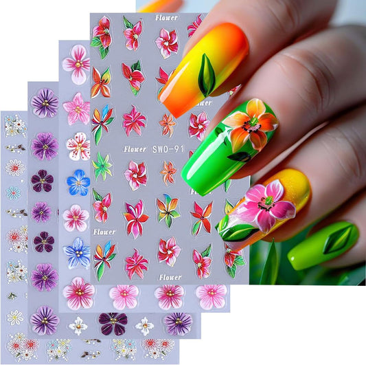 4 Sheets Flower Nail Art Stickers 3D Self-Adhesive Blossom Nails Sticker Spring Nail Art Decals Holographic Daisy Nails Decal Decoration for Women Colorful Flowers Manicure DIY Nail Supplies-Velvo Beauty