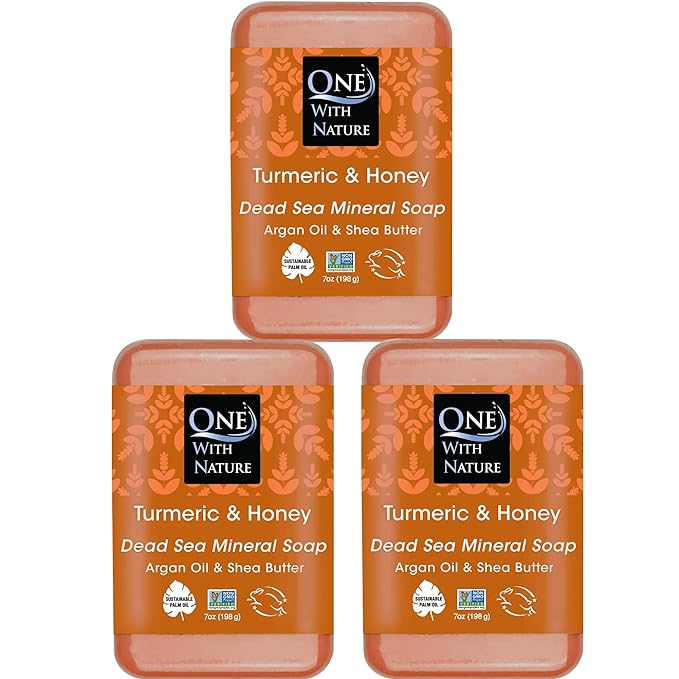 One With Nature Dead Sea Salt Turmeric Soap 7oz 3-Pack – Purifying and Exfoliating Soap Bar with Dead Sea Minerals and Honey for Face & Body, for Men & Women-Velvo Beauty