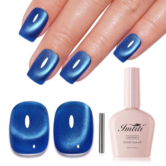 Imtiti Cat Eye Gel Nail Polish, Dark Blue Holographic Magnetic Crystal Nail Gel Polish With Magnet Glittery Galaxy Spring Summer Kit Soak Off UV Led 10ML-Velvo Beauty
