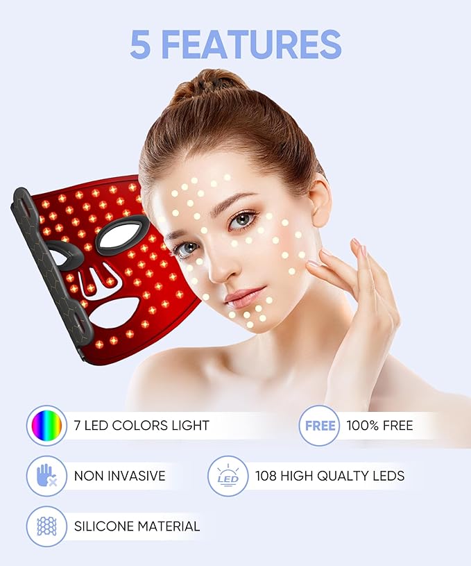 Led Face Mask Light Therapy, Red Light Therapy for Face, 7-1 Colors LED Facial Skin Care Mask, Black-Velvo Beauty