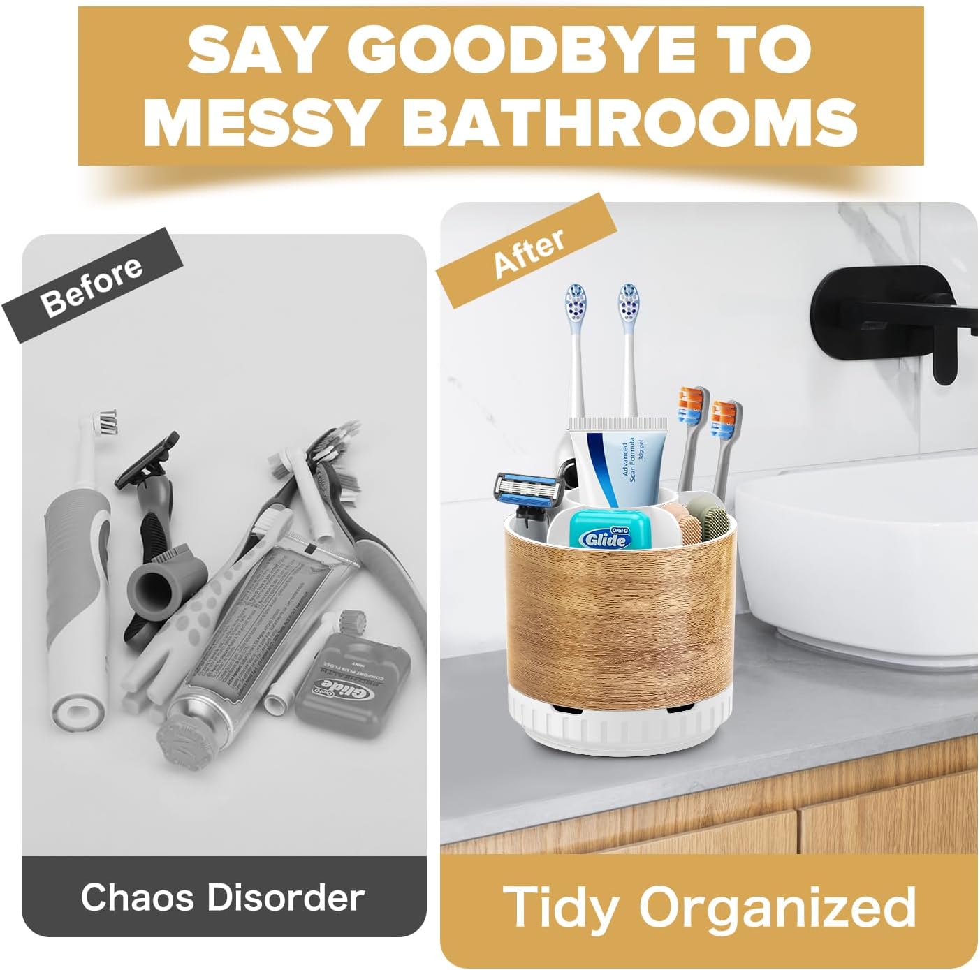 Wood Toothbrush Holders Organizers - Rotating Detachable 6 Slots Electric Toothbrush and Toothpaste Holde for Bathroom Accessories Organization Counter Vanity Sink Storage-Velvo Beauty