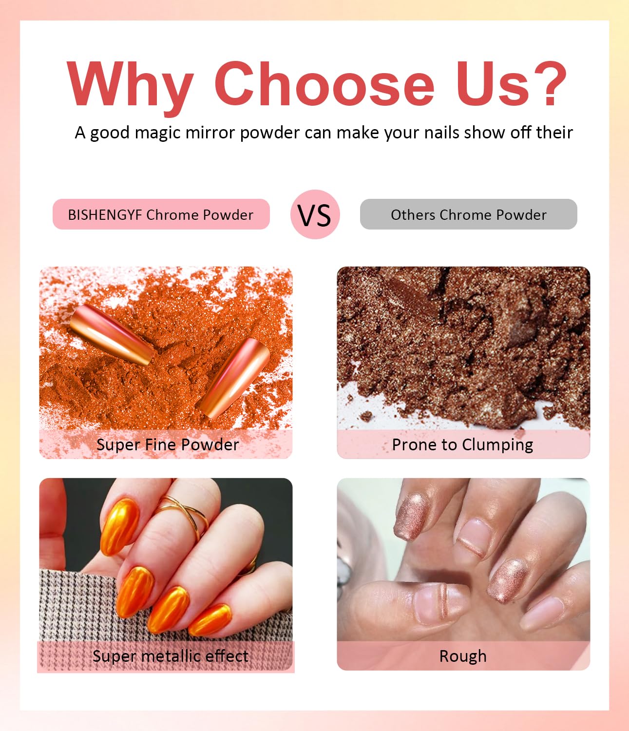 Pearl Chrome Nail Powder BISHENGYF -【Metallic Mirror Effect】 Orange Chrome Nail Powder White Clear Aurora Mermaid Iridescent Chrome Powder for Nails Pigment Glitter Dust for Manicure Decroation DIY-Velvo Beauty