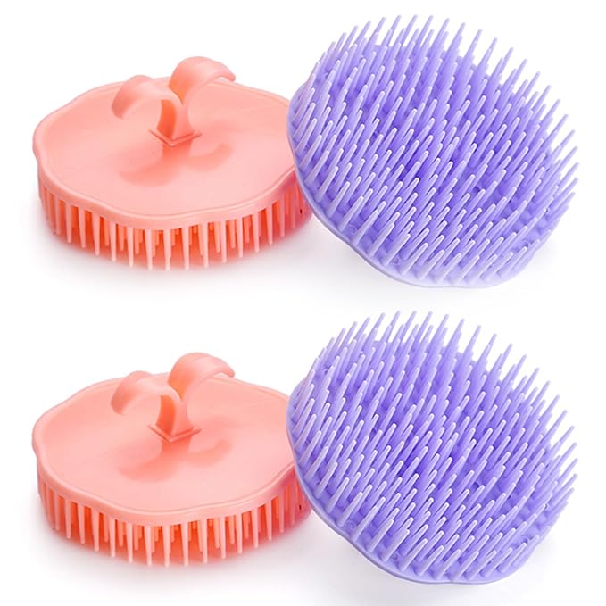 Hair Scalp Brush Dandruff Cleaning Brush Shower Scalp Shampoo Brush Scalp Massager Pack of 4 (Orange and Violet)-Velvo Beauty