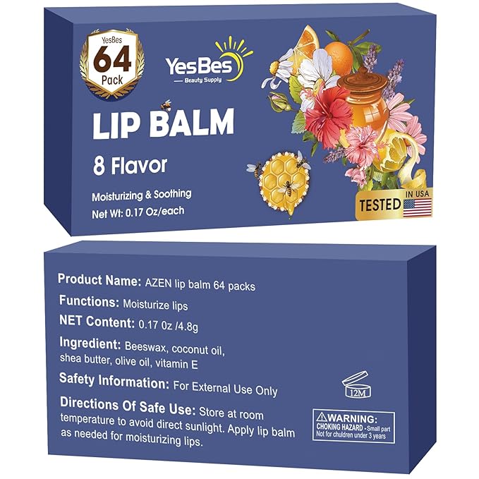 64 Pack Lip Balm, Natural Lip Balm Bulk with Vitamin E and Coconut Oil, Moisturizing Lip Balm for Dry Cracked Lips, Lip Balm for Stocking Stuffers - 8 Flavors-Velvo Beauty