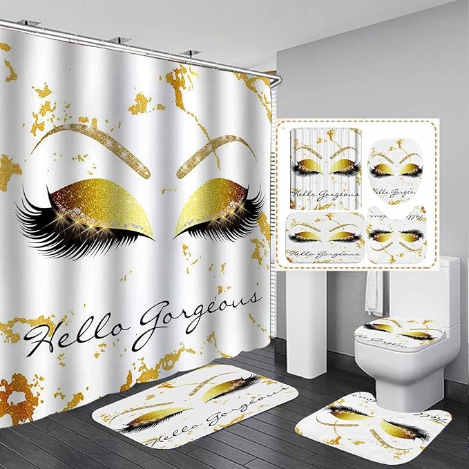 4PCS Hello Gorgeous Unicorn Eyelash Shower Curtain Set with Rugs, Luxury Diamond Gold Glitter Eyebrow Eyeshadow Makeup White Marble Glam Modern Fashion Women Bathroom Decor, Hello Gorgeous-Velvo Beauty
