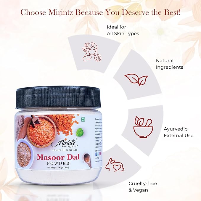 100% Natural Masoor Dal Powder | (3.5 Oz) Organic Lentils Powder for Face & Skin | Red Lentils Powder for Natural Face Pack | Dried Masoor Dal Cleansing Powder & Skin Brightener for Face-Velvo Beauty
